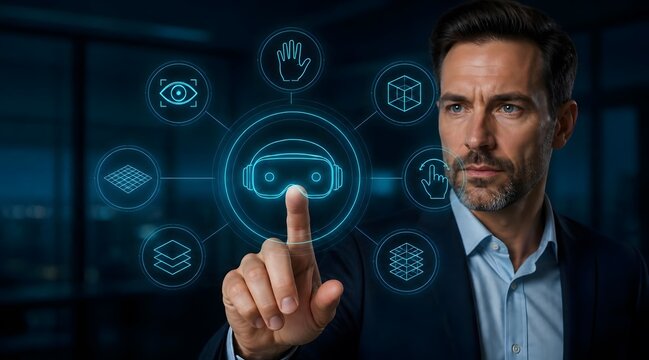 Virtual reality, businessman and technology with digital interface for innovation, future simulation and immersive management. Corporate professional, augmented reality and software with high tech ui