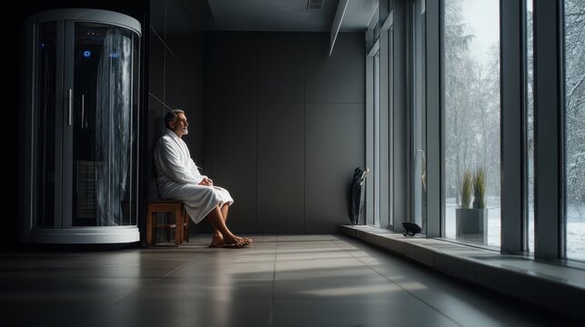 Mature man in bathrobe sits by a large window overlooking a snowy winter landscape. A thoughtful senior man in a white robe contemplates the serene winter scenery outside his modern spa room