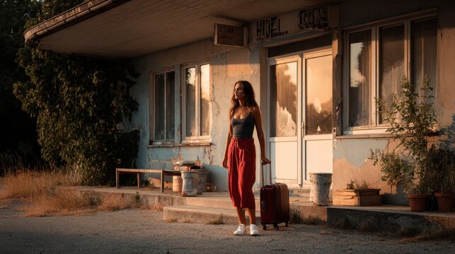 Woman with suitcase standing outside an abandoned hotel at sunset. A lone woman with a suitcase stands on the steps of a dilapidated hotel building bathed in the warm glow of sunset