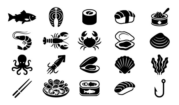 Seafood icons set fish shellfish sushi and marine life illustrations