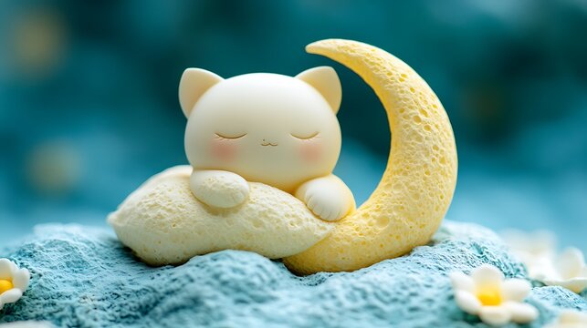 Sweet Dreamer Adorable Cat Sleeping on Crescent Moon with Serene Blue Backdrop.