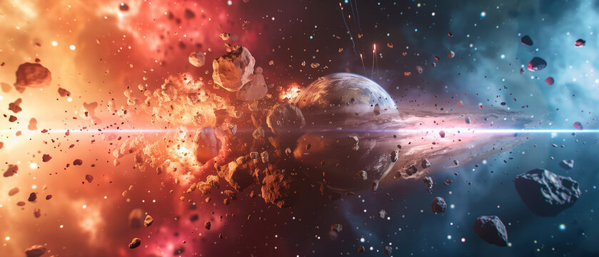 Intense space battle, starfighter combat, asteroid field, laser fire. laser, fire, explosions, spacecraft, sci-fi, war, futuristic, deep space, planet, meteor, action, intense, wea