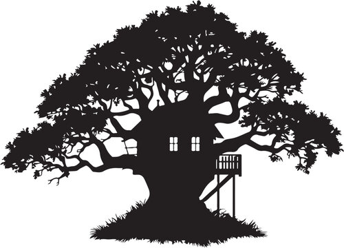 Treehouse in a large tree silhouette, with staircase