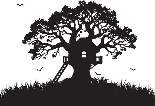 Treehouse in a tree with birds flying around, silhouette