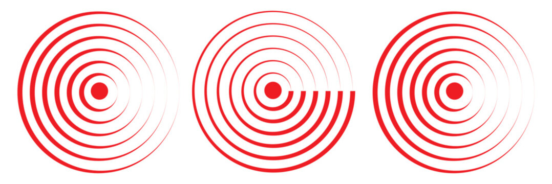 Black concentric circle set. Sonar or sound wave ring halftone collection. Ripple radial signal or vibration elements.