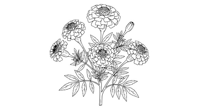 Botanical Marigold Flower Illustration - Line Art Drawing of Tagetes Bloom