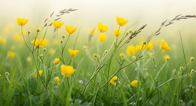 Beautiful yellow buttercup flowers blooming in a lush green meadow