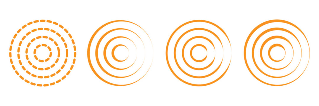 Red concentric ripple circles set. Sonar or sound wave rings collection. Epicentre, target, radar icon concept. Radial signal or vibration elements. Halftone vector Dashed and dotted line rippled