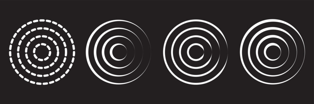 Red concentric ripple circles set. Sonar or sound wave rings collection. Epicentre, target, radar icon concept. Radial signal or vibration elements. Halftone vector Dashed and dotted line rippled