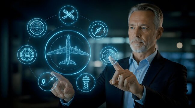 Aviation management, pilot and air traffic control with holographic interface for airline logistics, navigation and digital flight system. Professional man, technology and safety at night office