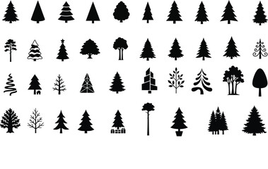 Obraz premium Set of various black silhouette tree icons including pine, fir, and forest trees