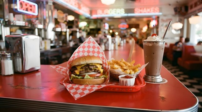 Burger meal sits on a red counter inside a retro restaurant with neon lights.