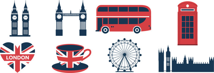 London Landmarks Vector Icon featuring Big Ben red bus telephone booth United Kingdom flag travel symbols tourism architecture and city navigation © Rashed
