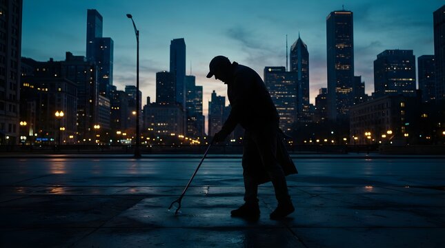 Worker cleans the city streets while the skyscrapers glow in the early morning.