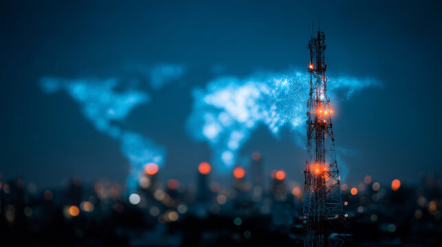 Macro view of mobile telecom network system, antenna towers transmitting radio frequency signals, network coverage map overlay, global connectivity concept, high-tech communication