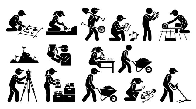 Comprehensive set of archaeological research icons showing stick figures performing field work, mapping, measuring, using microscopes, and excavating skeletons, isolated on a white background design.