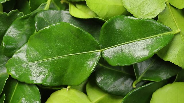 Pile of fresh kaffir lime leaves slowly rotating. Top view shot