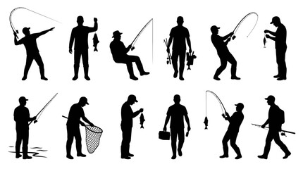 Collection of anglers and fishermen catching fish with rods, reels, and nets in various outdoor activities, black silhouette vector illustrations isolated on a clean white background for sport design. © ZenVector