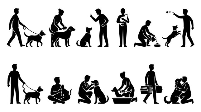 Comprehensive collection of pet care silhouettes showing people interacting with dogs and cats, including walking, grooming, feeding, playing, and veterinary checkups for domestic animal welfare.