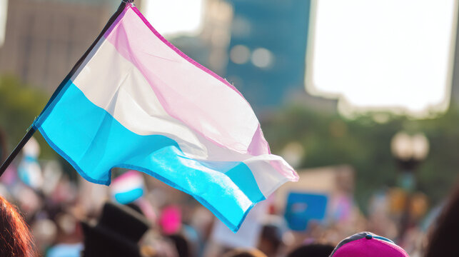 transgender pride flag waves proudly at vibrant outdoor lgbtq community rally amidst sunny blurred cityscape