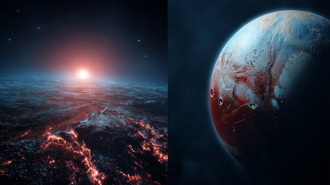 depiction of Pluto as a dwarf planet in the Kuiper Belt, icy crust with red organic streaks and bright white frozen regions, illuminated by distant Sun, deep space environment, ast