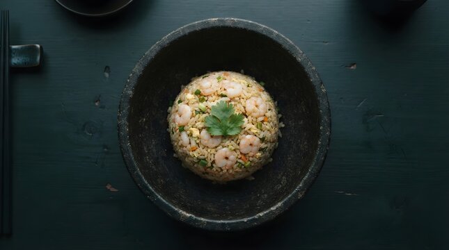 Fried rice with shrimp sits centered in a dark stone bowl on a wooden table.