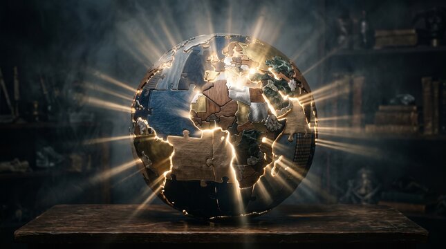 A glowing puzzle globe on a wooden table with rays of light emanating from it