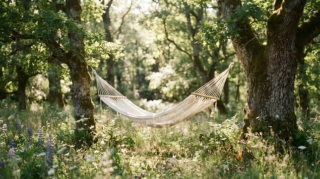 Hammock hangs between two mature oak trees in a lush and sunlit forest grove.