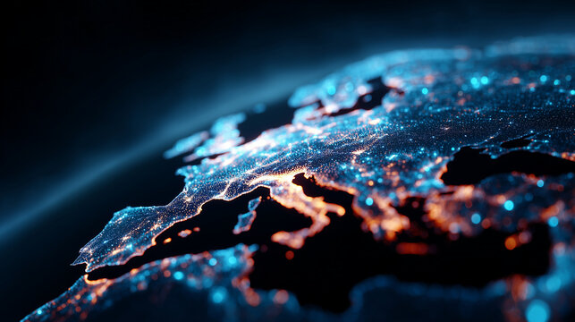 Dynamic digital world map emphasizing Western Europe as a key continental hub, AI-powered global network connectivity visualization, big data transfer streams flowing between conti