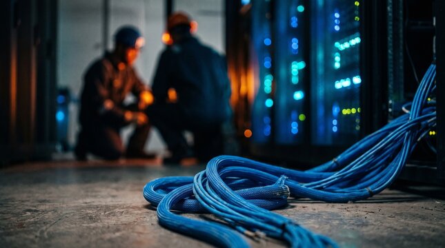 Blurred background network technicians troubleshooting server rack systems with blue ethernet cables in foreground