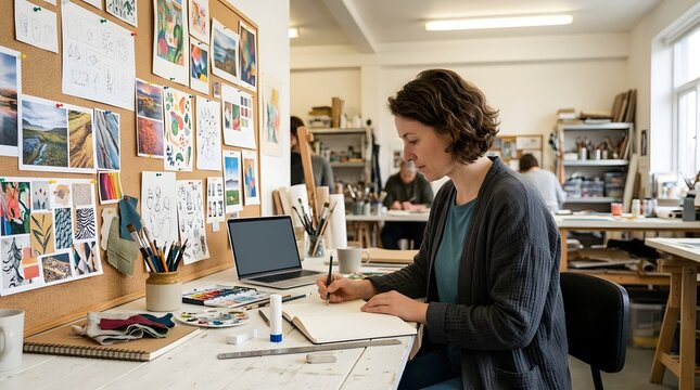 Focused artist draws creative designs in a studio with a vibrant mood board.