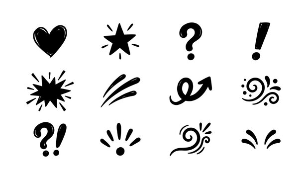 Black hand drawn graphic elements set containing cute handdrawn star heart exclamation mark question mark swoosh arrow and abstract doodle symbols isolated on white background for design