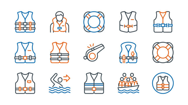 Life jacket and water safety line icons set with life vest, lifebuoy and whistle