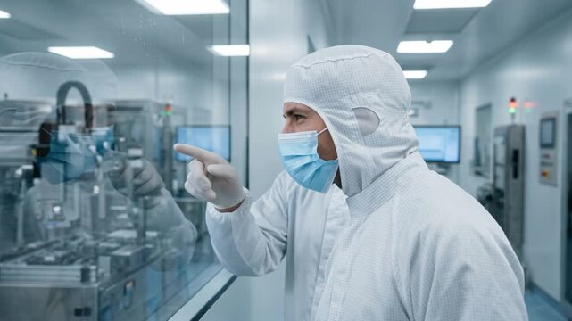 Scientists in white cleanroom suits and masks observe machinery through a glass window in a high-tech laboratory, representing pharmaceutical production and semiconductor manufacturing