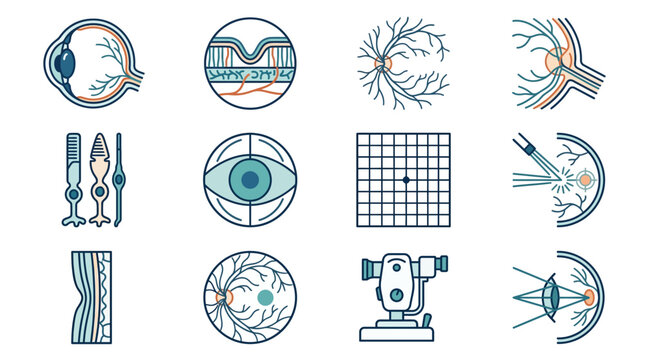Ophthalmology and optometry medical icon set representing eye anatomy, surgery and diagnostics