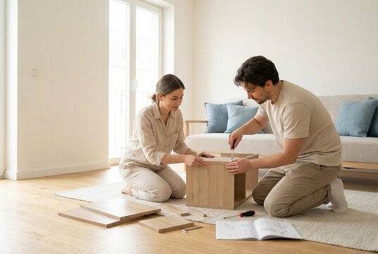 Young Couple Assembling Wooden Furniture at Home