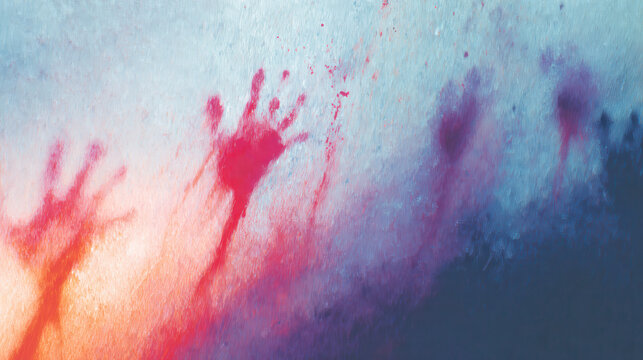 bloody handprint spray paint on textured concrete wall evokes halloween horror thriller vibe in cinematic framing