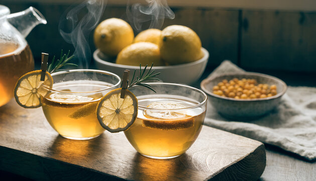 glass cups filled with hot citrus fruit tea on a rustic wooden serving board. Garnished with dried lemon slices.