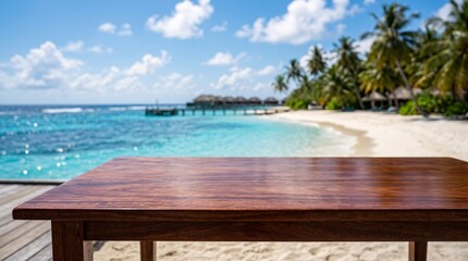 Fototapeta premium Empty polished mahogany table in sharp foreground focus against a blurred backdrop of a breathtaking tropical beach with sapphire waters.