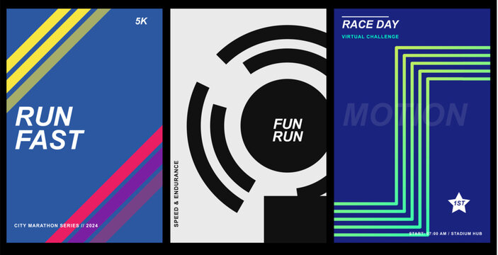 Set of three modern race day graphic posters with dynamic stripes and minimalist fun run branding minimalist branding template creative