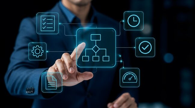 Business workflow automation and digital interface for corporate strategy, project management and task efficiency. Professional, man and process with technology, software and innovation in office.