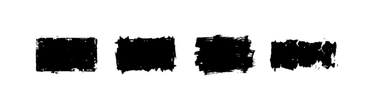 Set of rough black ink rectangles isolated on white background distressed grunge banner frames hand drawn brush stroke boxes for design assets abstract artistic textures vector graphic elements.