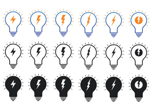 Lightning bulb icon set. lamp bulb with lightning logo design