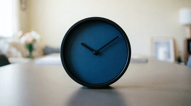 Minimalist Modern Desk Clock with Dark Blue Face and Black Hands in Home Interior