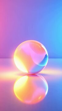 Iridescent crystal ball rotating and reflecting vibrant neon light. Abstract loopable animation featuring a luminous glass sphere glowing with colorful futuristic light