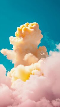 Surreal pink and yellow fluffy clouds billowing and expanding in a vibrant teal blue sky, creating a beautiful and dreamy abstract atmospheric background concept