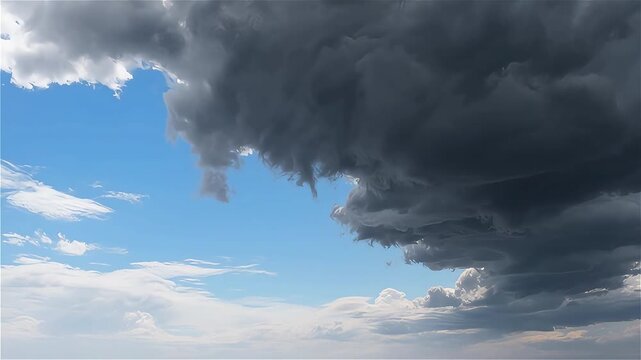 Dramatic weather division showing a giant dark blue storm wall encroaching onto a clear day sky.