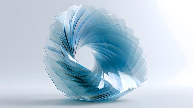 Abstract 3D Glass Wave Structure with Layered Translucent Blue Gradient Shapes on a Light Background, 3d render Stock Illustration