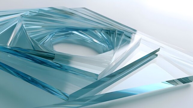 Abstract 3D Glass Wave Structure with Layered Translucent Blue Gradient Shapes on a Light Background, 3d render Stock Illustration