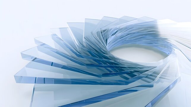 Abstract 3D Glass Wave Structure with Layered Translucent Blue Gradient Shapes on a Light Background, 3d render Stock Illustration
